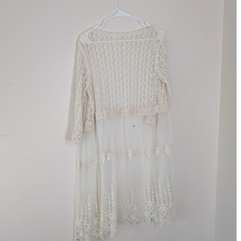 Boho Lace Open Front Cardigan Cream Floral Embroidery Layering Duster M/L - Picture 2 of 9